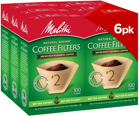 Melitta #2 Cone Coffee Filters, Natural Brown, 100 Count (Pack Of 6)